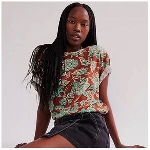 Free People We the Free Nina Printed Tee Medium brown green cream new nwt cotton